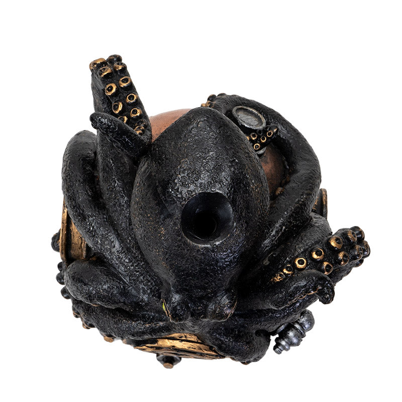 Backflow incense burner featuring a black octopus on a bronze diver's helmet, shown top down with space for incense cone