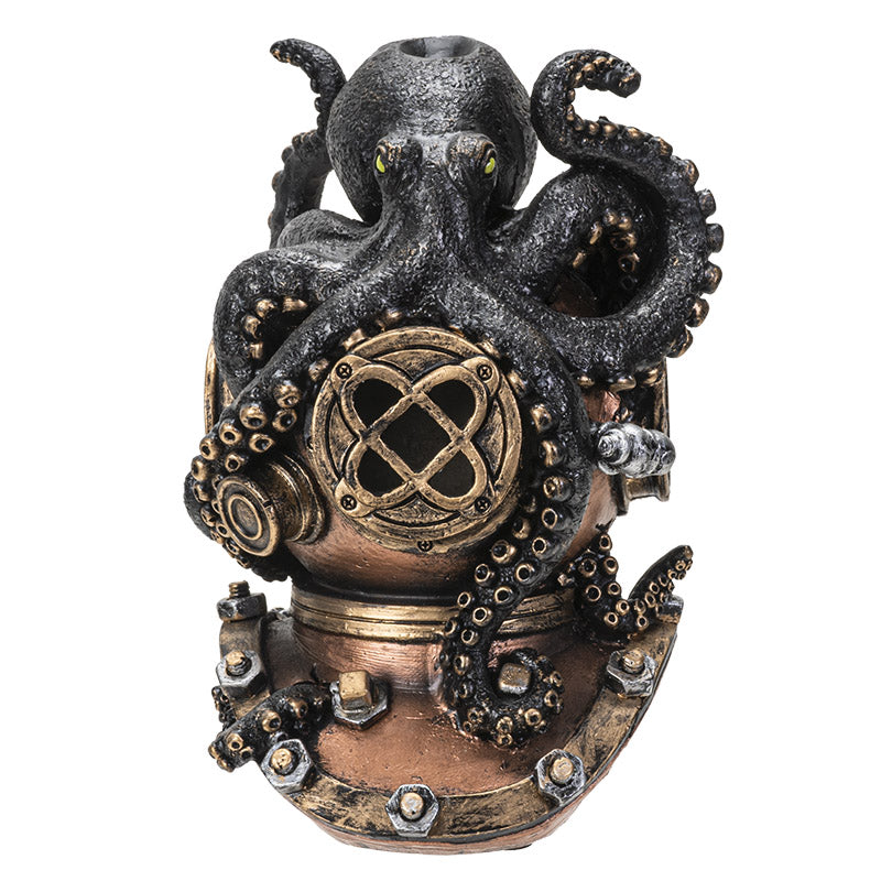 Backflow incense burner featuring a black octopus on a bronze diver's helmet