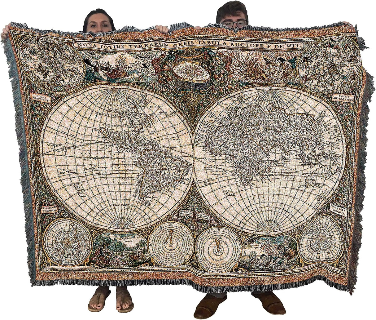 Tapestry blanket of antique map, held by two adults