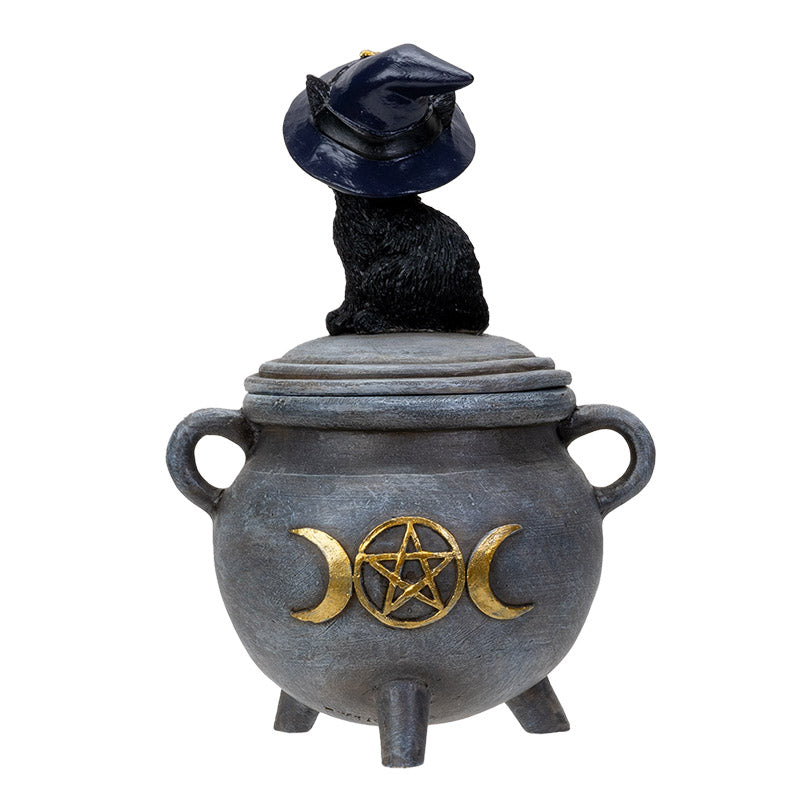 Trinket box of a gray cauldron with gold moon and pentagram, and cat in witch hat on the lid, shown from the back