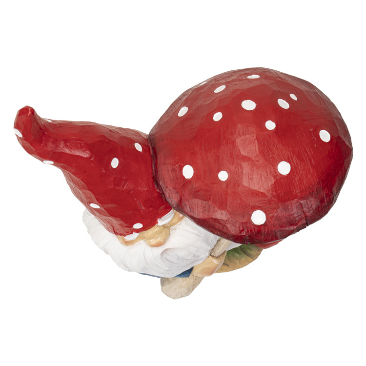 Faux-wood resin figurine of gnome in blue shirt, red hat, carrying mushroom