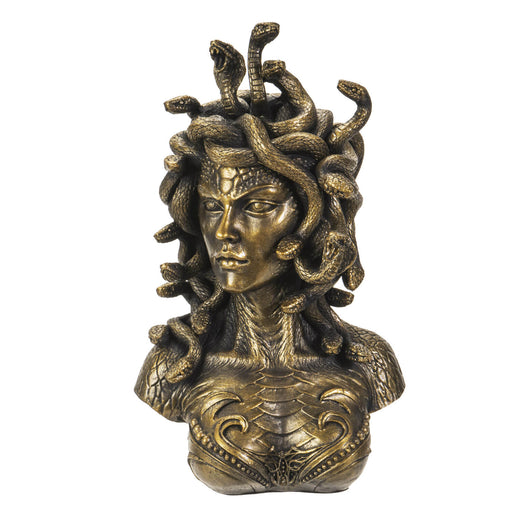 Bronze hued medusa bust with snake hair and armor
