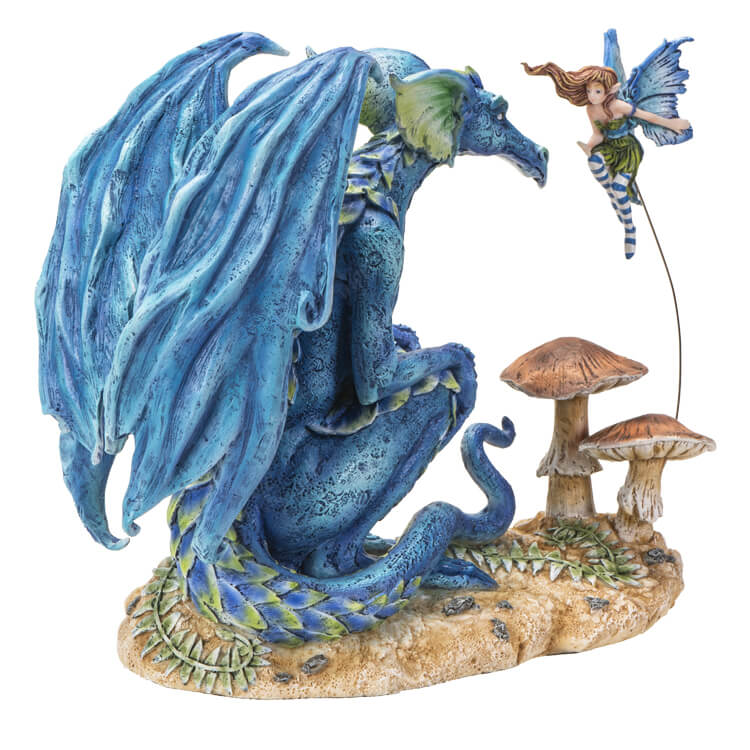 Figurine of a blue dragon and a fairy hovering with blue wings above mushrooms.