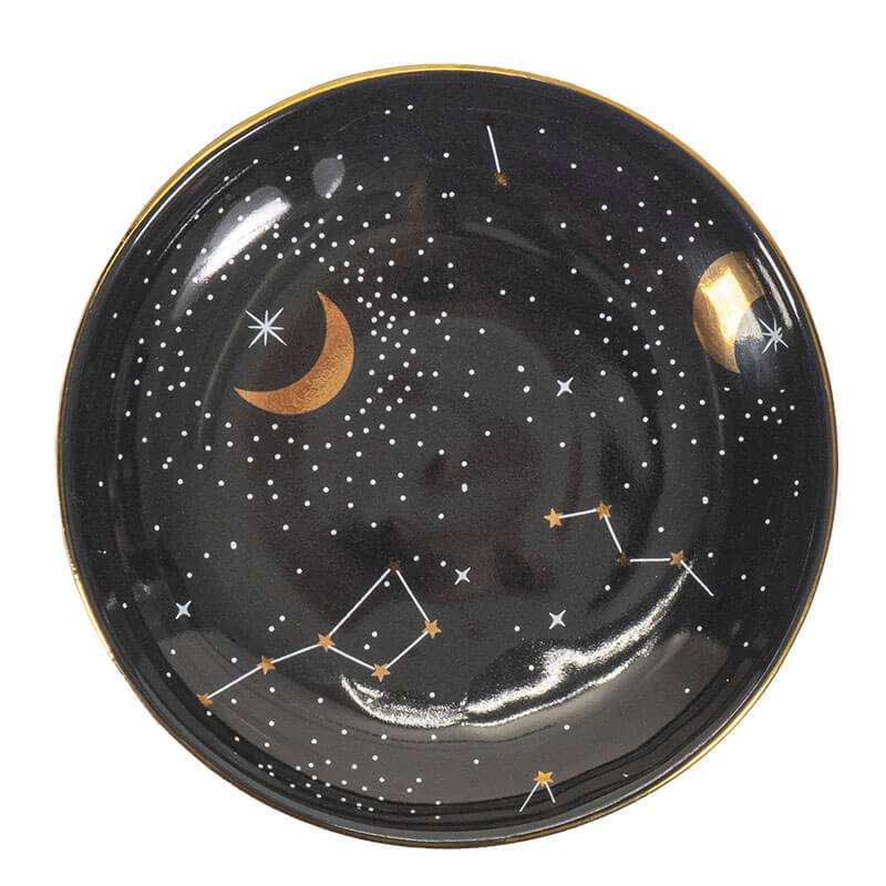 Deep purple trinket dish with silver stars and constellations and gold metallic moons and stars