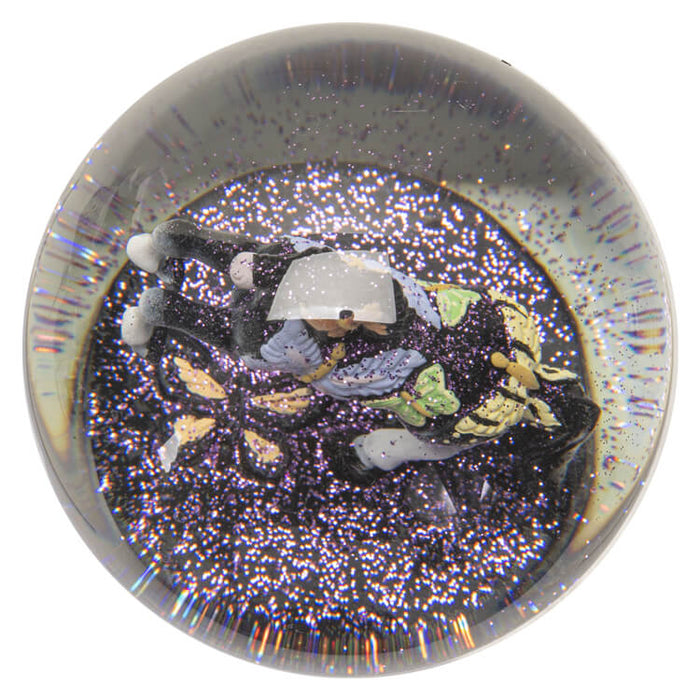 Snowglobe with black rearing horse and butterfly designs with purple glitter in the globe, and a base of black and white with more butterflies, top down view