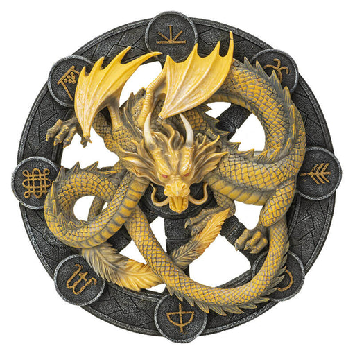 Imbolc dragon plaque showing yellow serpent dragon on a black wheel with runic symbols