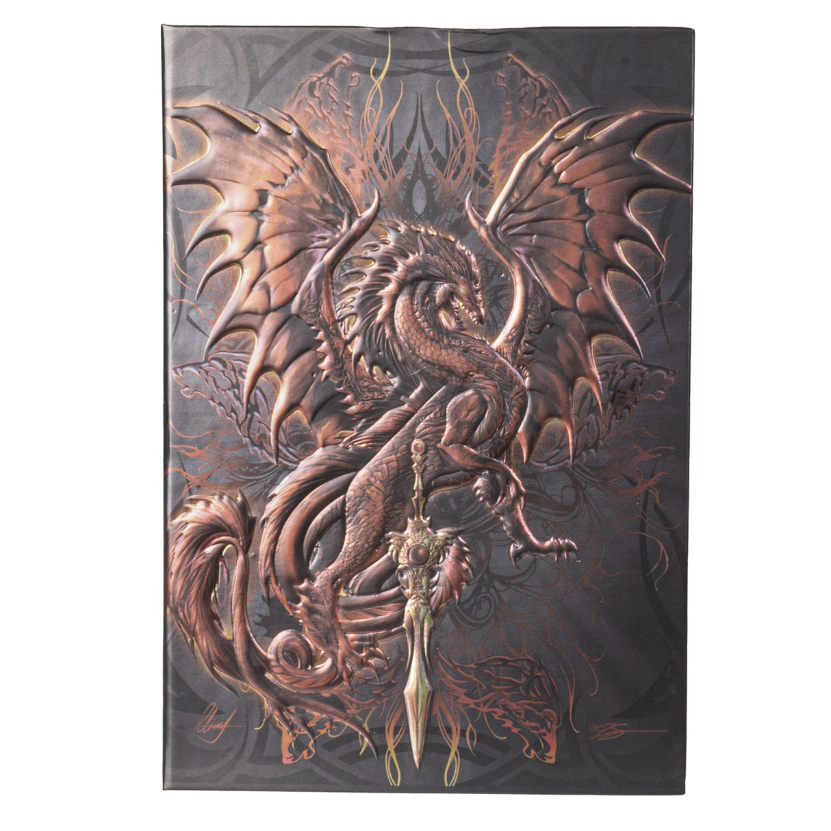 Journal with cover art by Ruth Thompson, rusty brown dragon with golden sword