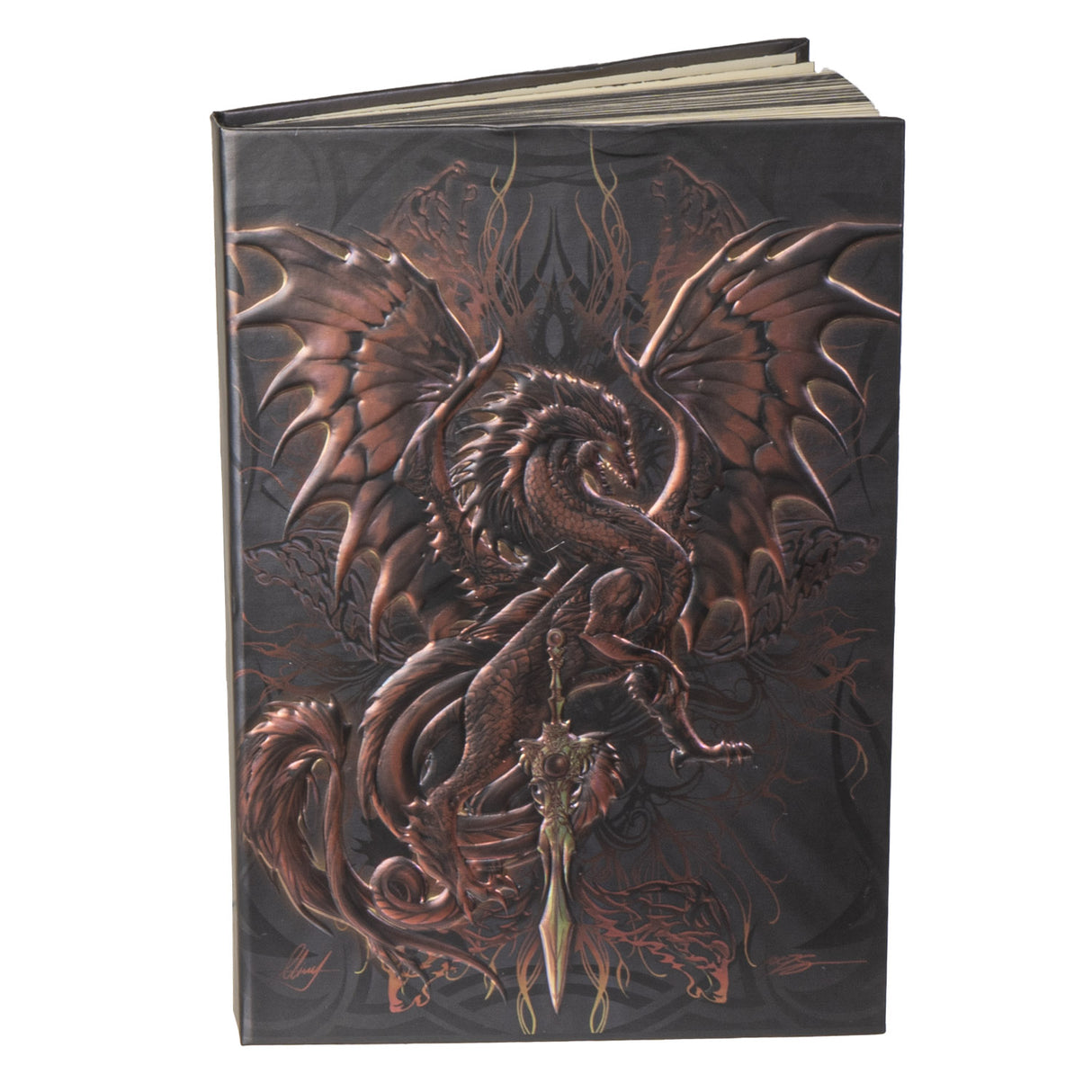 Journal with cover art by Ruth Thompson, rusty brown dragon with golden sword