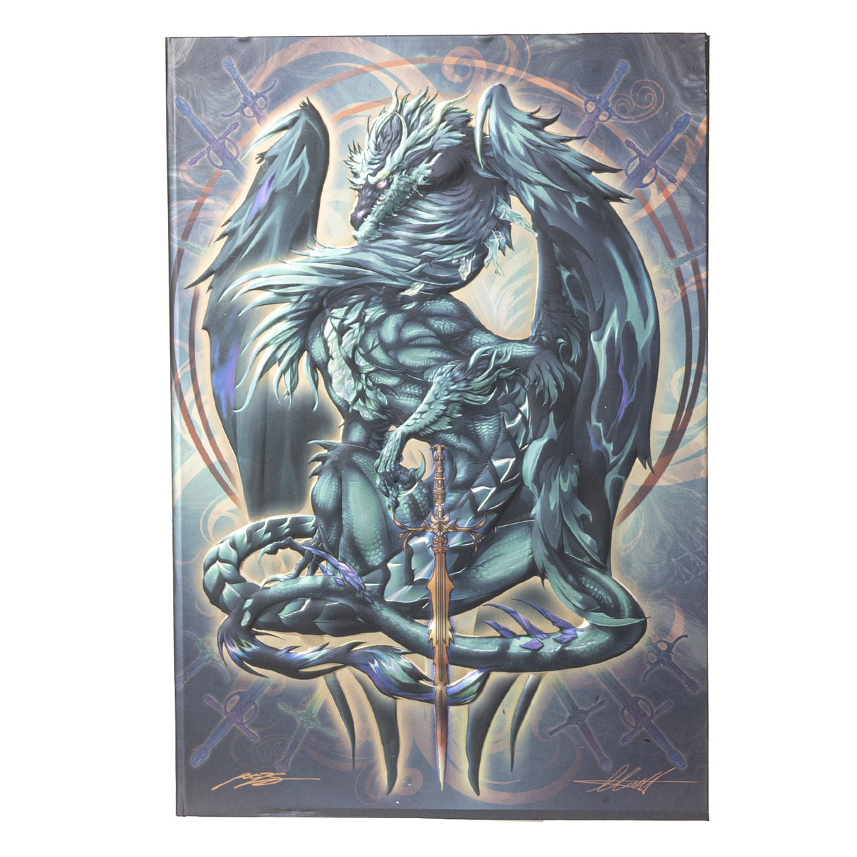 Journal with cover art of green-gray dragon and sword, more weapons and swirls behind