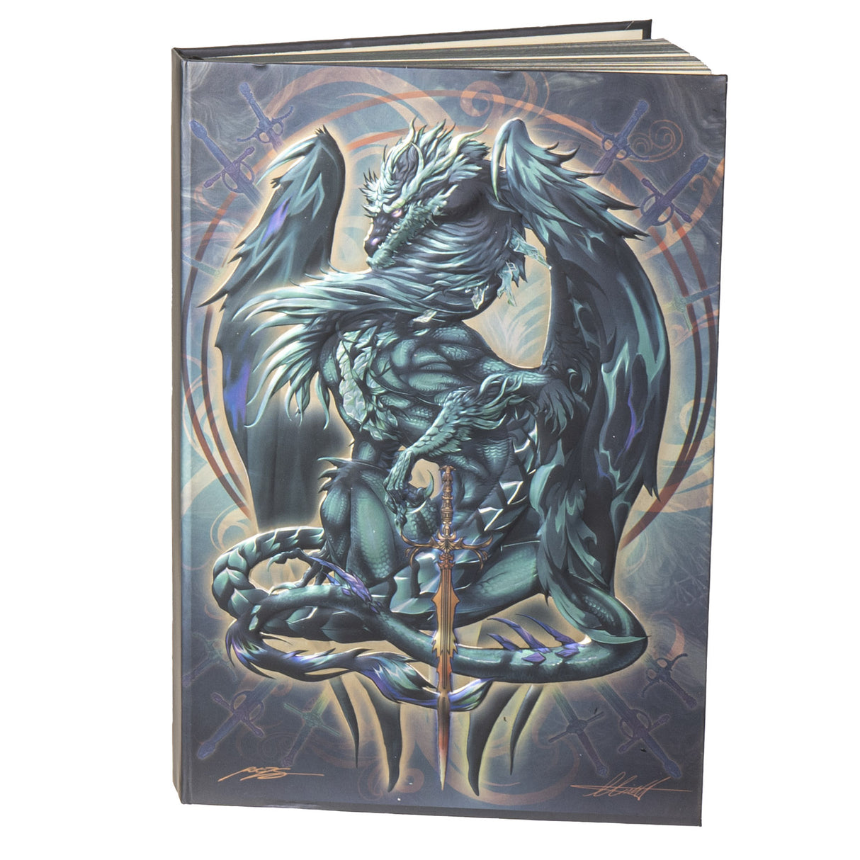 Journal with cover art of green-gray dragon and sword, more weapons and swirls behind