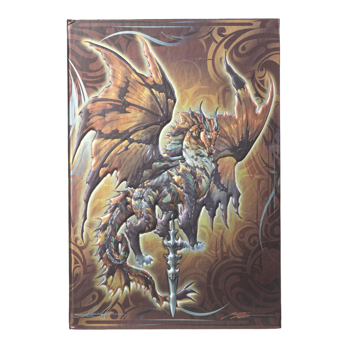 Journal with cover art by Ruth Thompson - dragon in shades of brown and tan with a sword