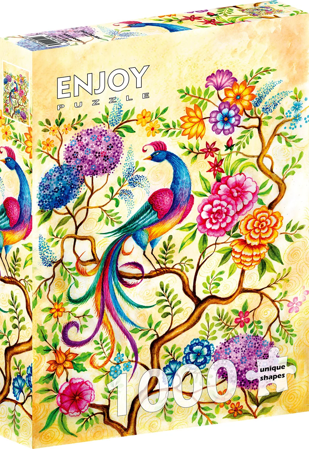 Enjoy Puzzle - 1000 Unique Shaped Pieces - image of a rainbow fairy tale bird surrounded by colorful flowers on a tree