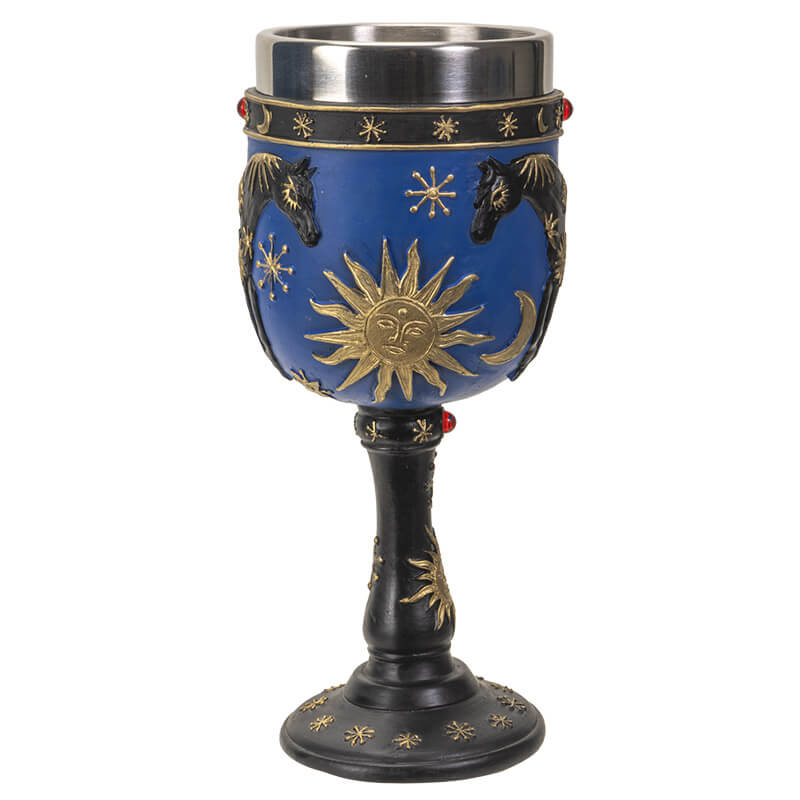 Goblet with stainless steel insert showing black horse with gold celestial designs