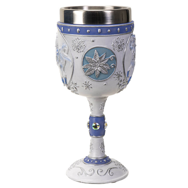 Goblet with stainless steel insert featuring a white horse with blue accents and silver snowflakes, jewels on the drinkware's stem. Silver poinsettia accents