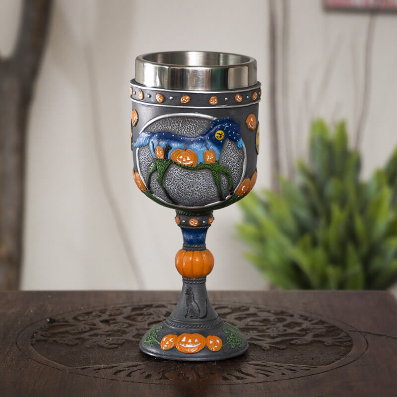 Goblet with stainless steel insert showing a horse with a pumpkin patch scene and more jack o lanterns