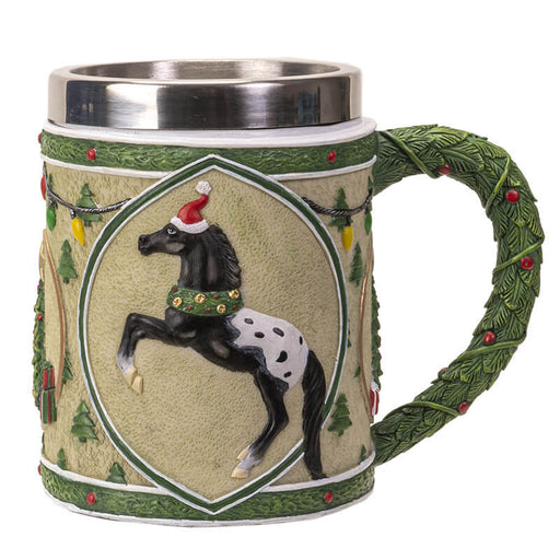 Tankard mug with stainless steel insert featuring an appaloosa horse in black and white with santa hat and wreath, surrounded by Christmas trees