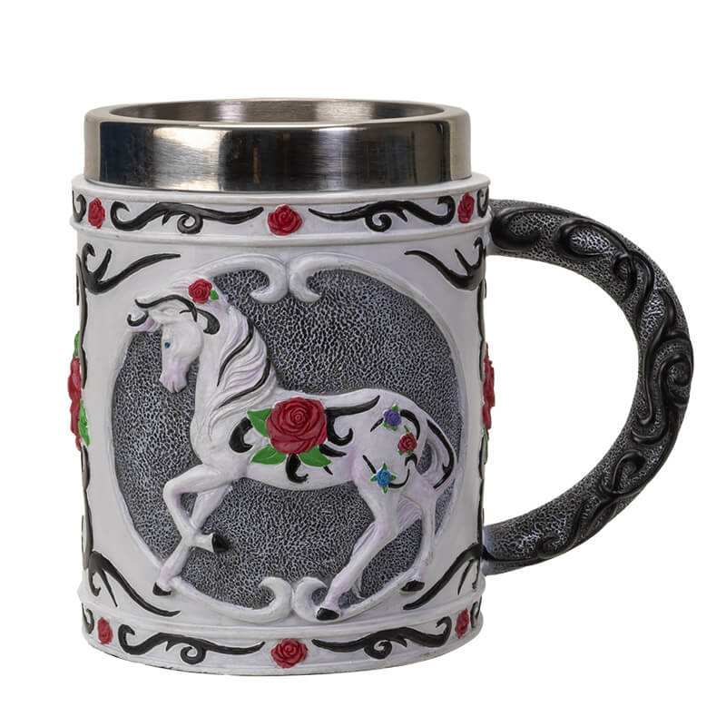 Tankard mug with stainless steel insert, white horse with red rose and black tribal designs