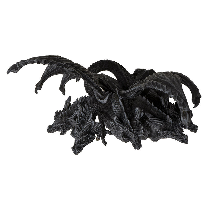 Figurine of gray faux-stone hydra dragon with flared wings and 5 heads, some snarling. Shown top-down