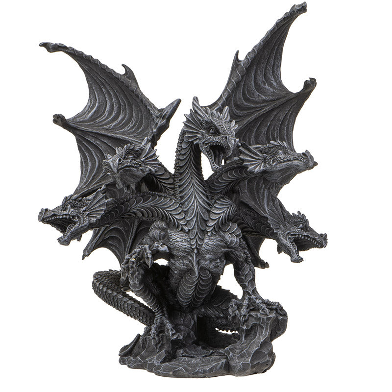 Figurine of gray faux-stone hydra dragon with flared wings and 5 heads, some snarling