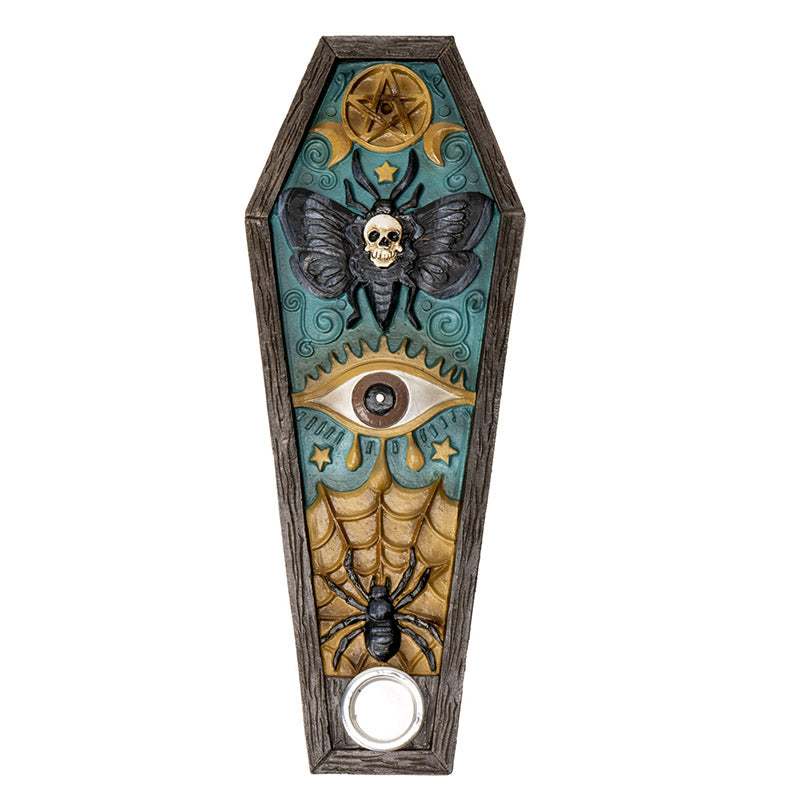 Decorative incense burner with moth, skull, and spider design