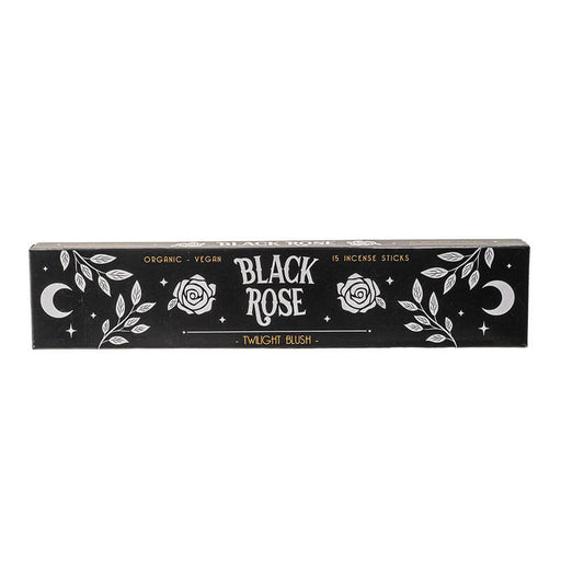 Black Rose Twilight Blush incense sticks, 15 count, Organic & Vegan. Black box has leaf, moon and rose designs