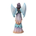 Figurine of a fairy with pale blue dragon wings and purple hair holding a dragon. Shown from the back, pastel peach purple dress