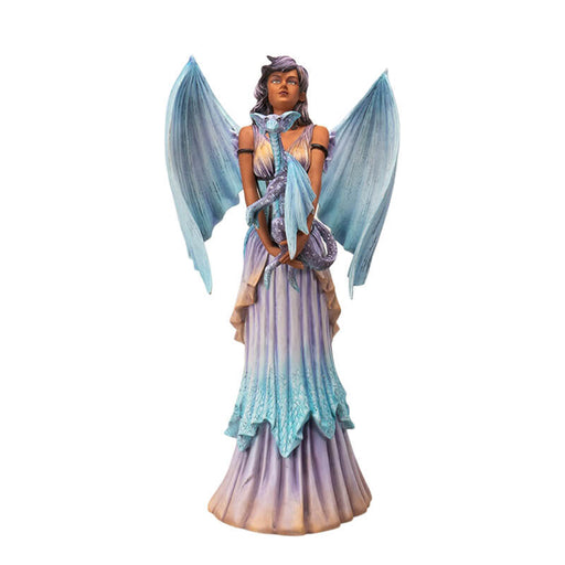 Figurine of a fairy with pale blue dragon wings and purple hair holding a dragon