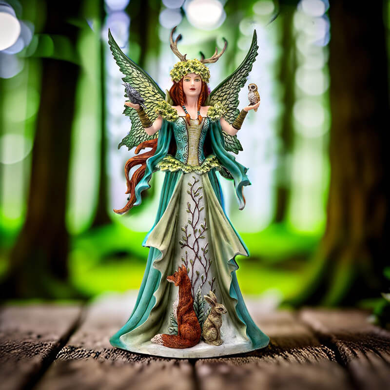Figurine of a redhaired fairy in a green nature themed dress with birds in her hands and a fox and rabbit.