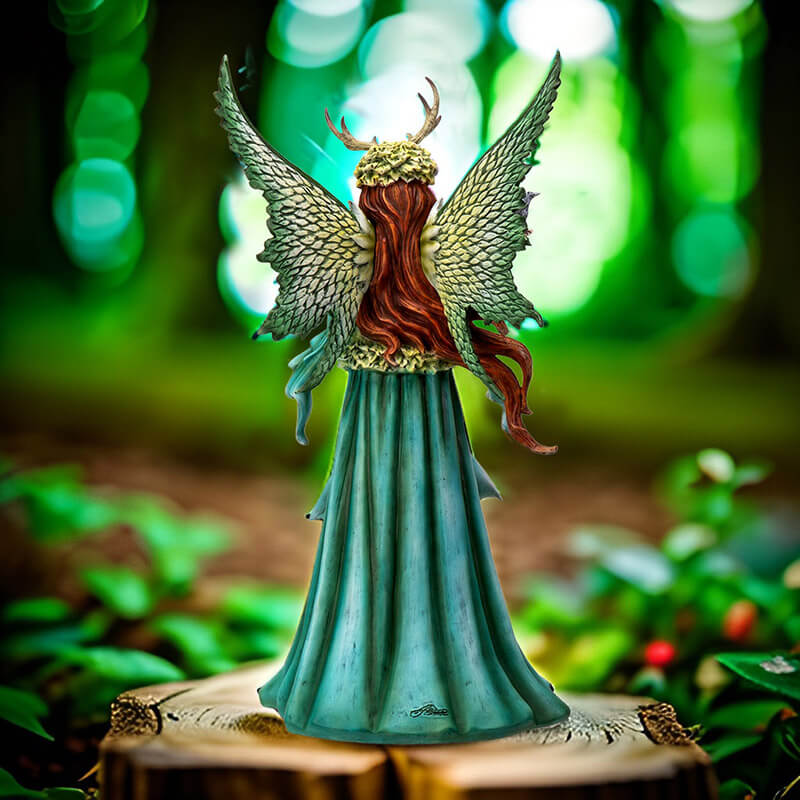 Figurine of a redhaired fairy in a green nature themed dress with birds in her hands and a fox and rabbit. Shown from the back