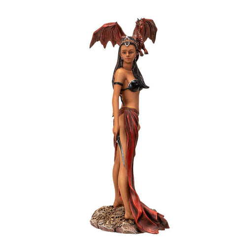 Figurine of tanned woman with dark hair standing with a knife, a red dragon perched on her shoulder.