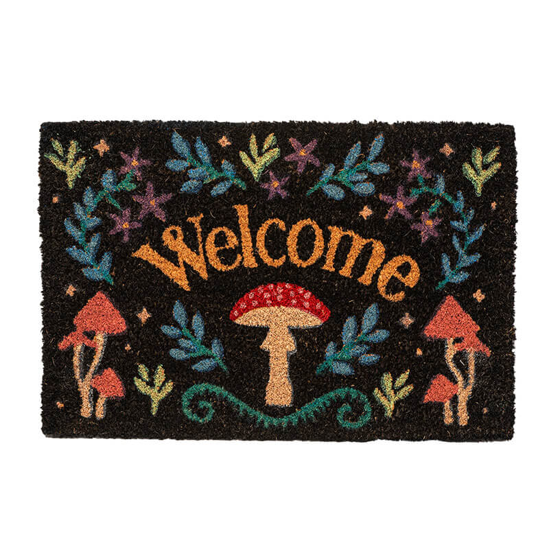 Doormat with the word "Welcome" surrounded by leaves, flowers and mushrooms.