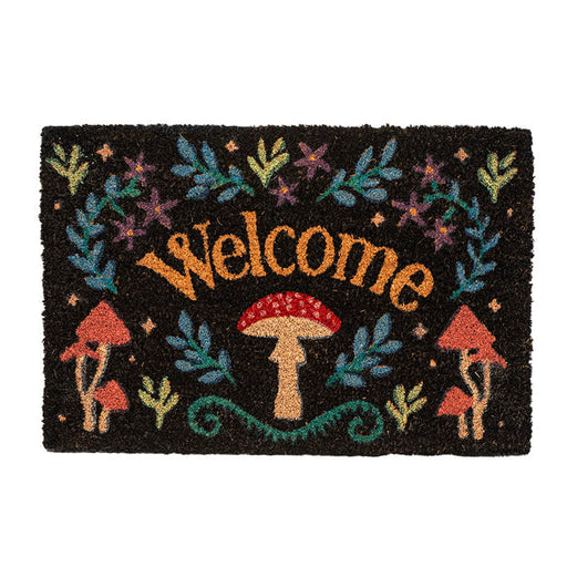 Doormat with the word "Welcome" surrounded by leaves, flowers and mushrooms.