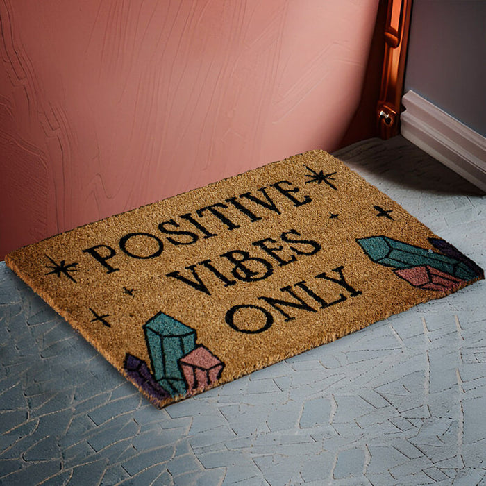 Doormat featuring the phrase "Positive Vibes Only" with crystals to either side