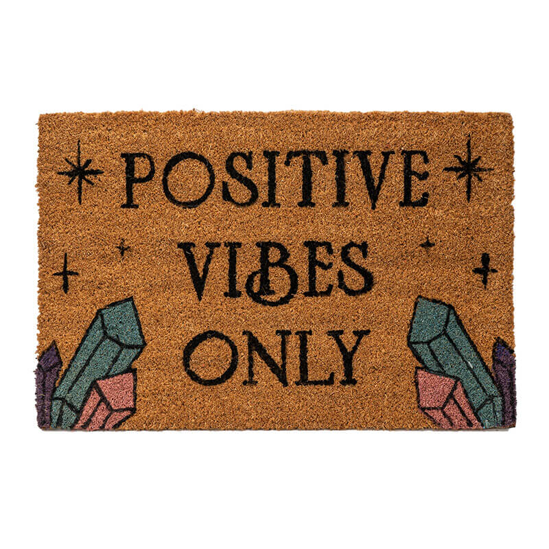 Doormat featuring the phrase "Positive Vibes Only" with crystals to either side