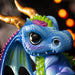 Closeup of dragon face, blue with green and purple accents, gold horns and big eyes
