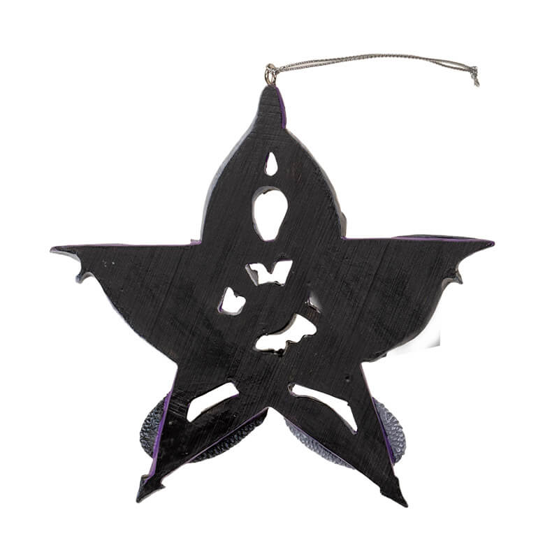Ornament - Black and white dragon with silver orb against a purple pentacle - back of it is black resin