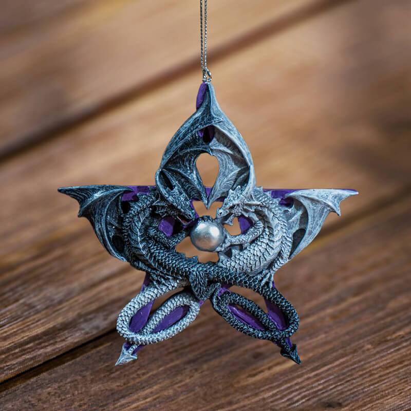 Ornament - Black and white dragon with silver orb against a purple pentacle