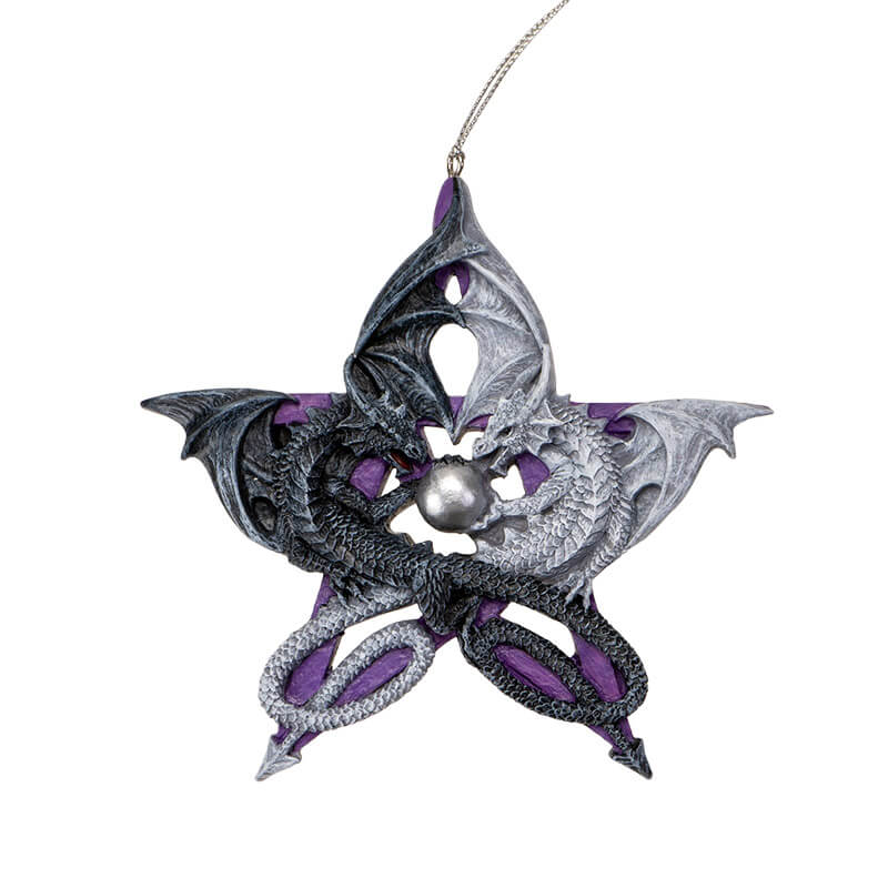 Ornament - Black and white dragon with silver orb against a purple pentacle