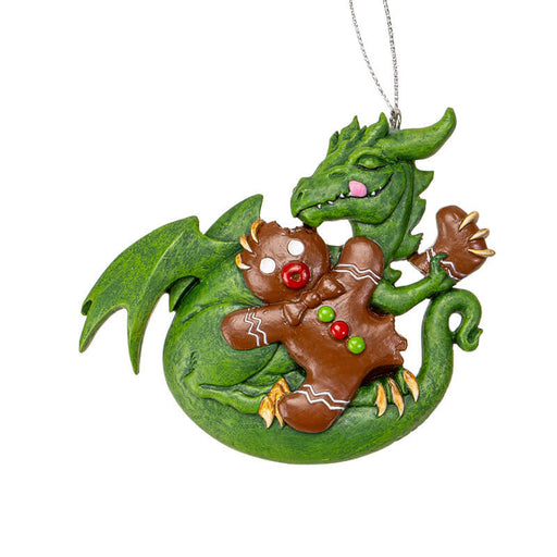 Ornament with green dragon munching on festive gingerbread man cookie