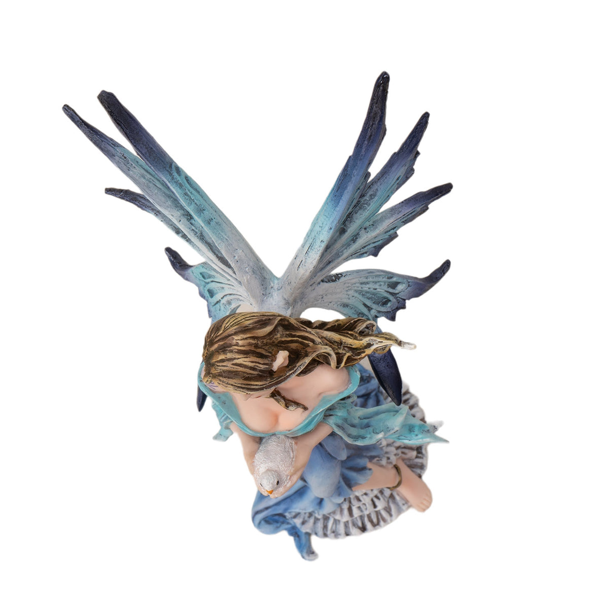 Fantasy fairy figurine with blue wings and dress holding a baby bird, shown top down