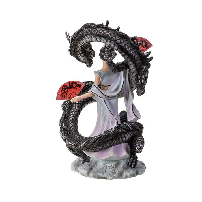 Back view - Figurine based off Anne Stokes artwork - dancer in white with red fans, with a black dragon swirling around her