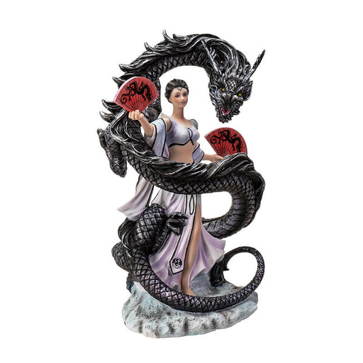 Figurine based off Anne Stokes artwork - dancer in white with red fans, with a black dragon swirling around her