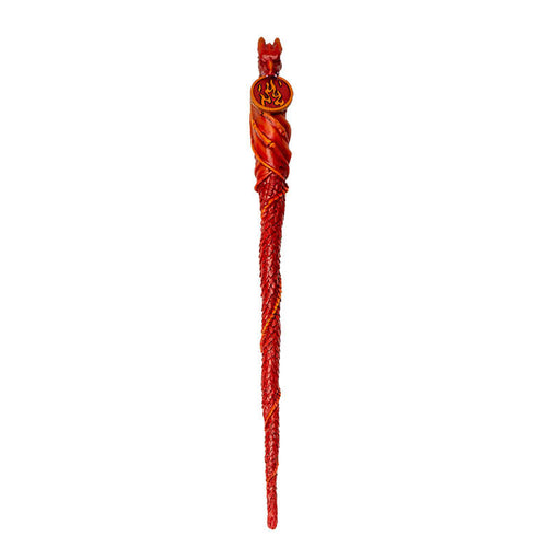 Magic wand, red dragon with textured scales holding a fire emblem coin in mouth