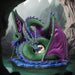 Figurine of green dragon with purple wings and blue spines on a water base with a rune at the center of its coils.