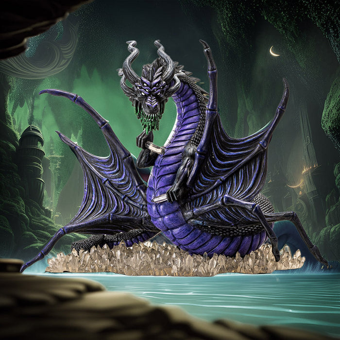 Figurine of a spider-dragon with purple and black scales and wings and eight eyes. Clutches crystals and sits on more gems.