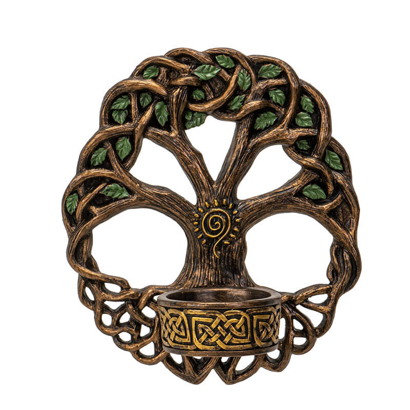 Tree of Life candleholder wall plaque with Celtic knot designs and spiral