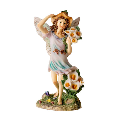 Figurine of fairy with brown hair and pastel dress and wings, with calla lily flowers