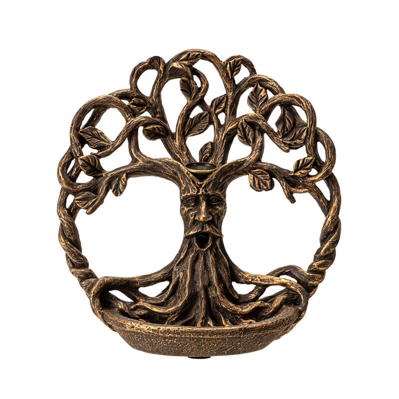 Tree of Life backflow cone incense burner with greenman face in faux-bronze.