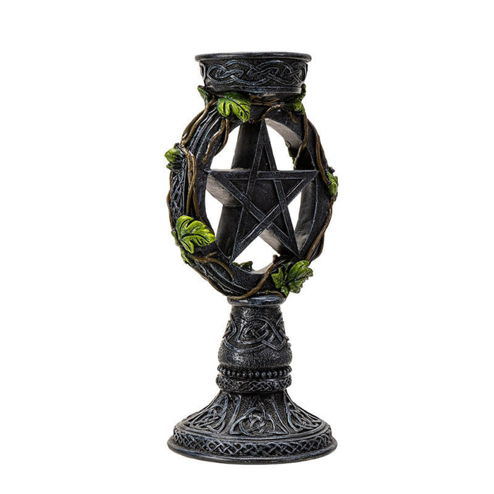Faux stone candleholder with pentacle star in the center, Celtic knot and leave designs