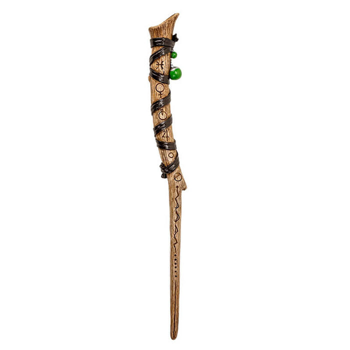Magic wand in faux wood banded with  ribbon accents, baubles and carved with runes.
